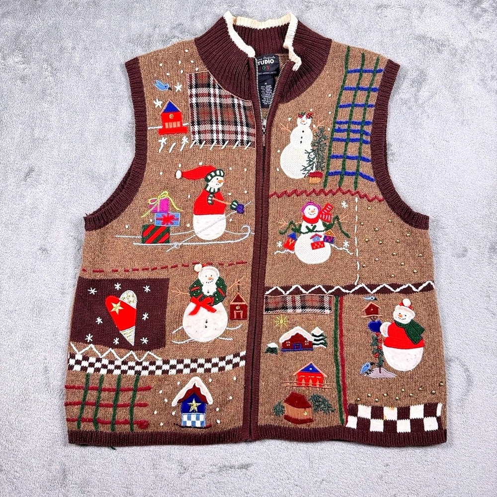 VTG Designer Originals Studio Joy Christmas Zip Up Sweater Vest Womens M